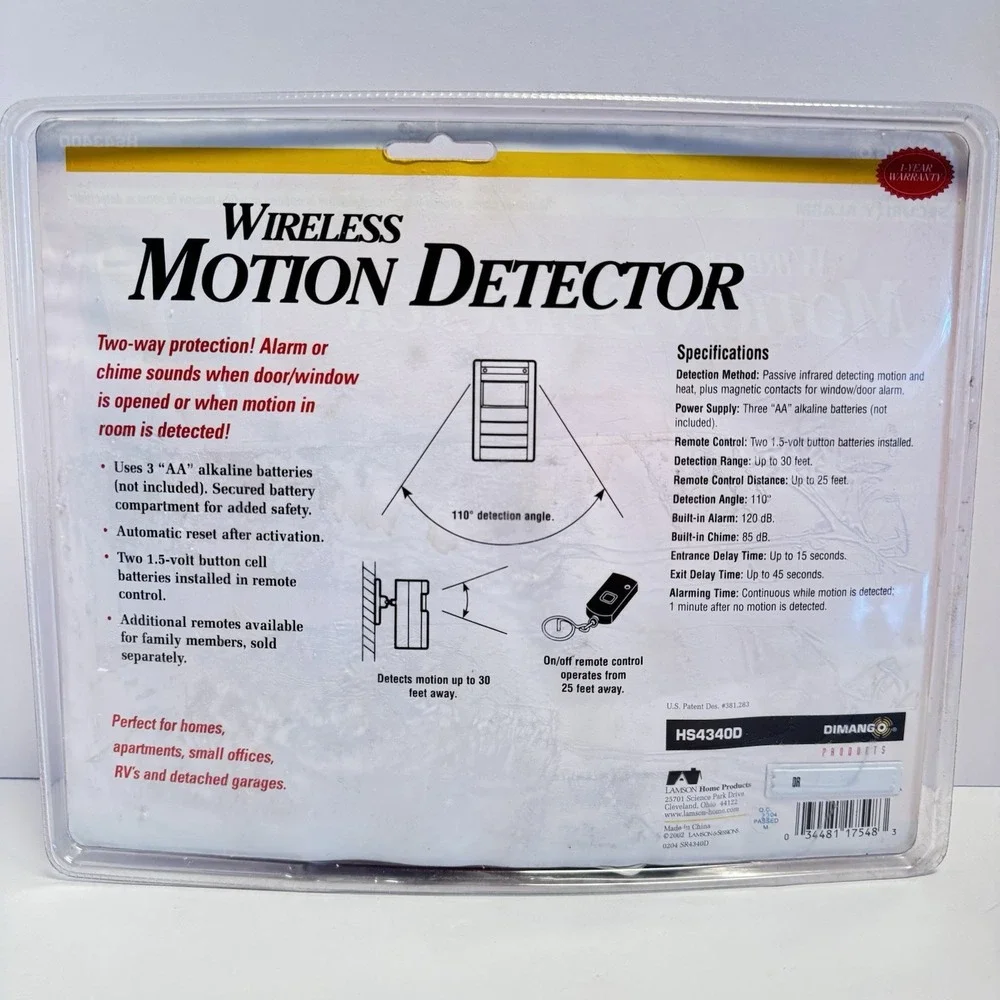DIMANGO Security Alarm Wireless‎ Motion Detector HS4340D NEW Unopened
